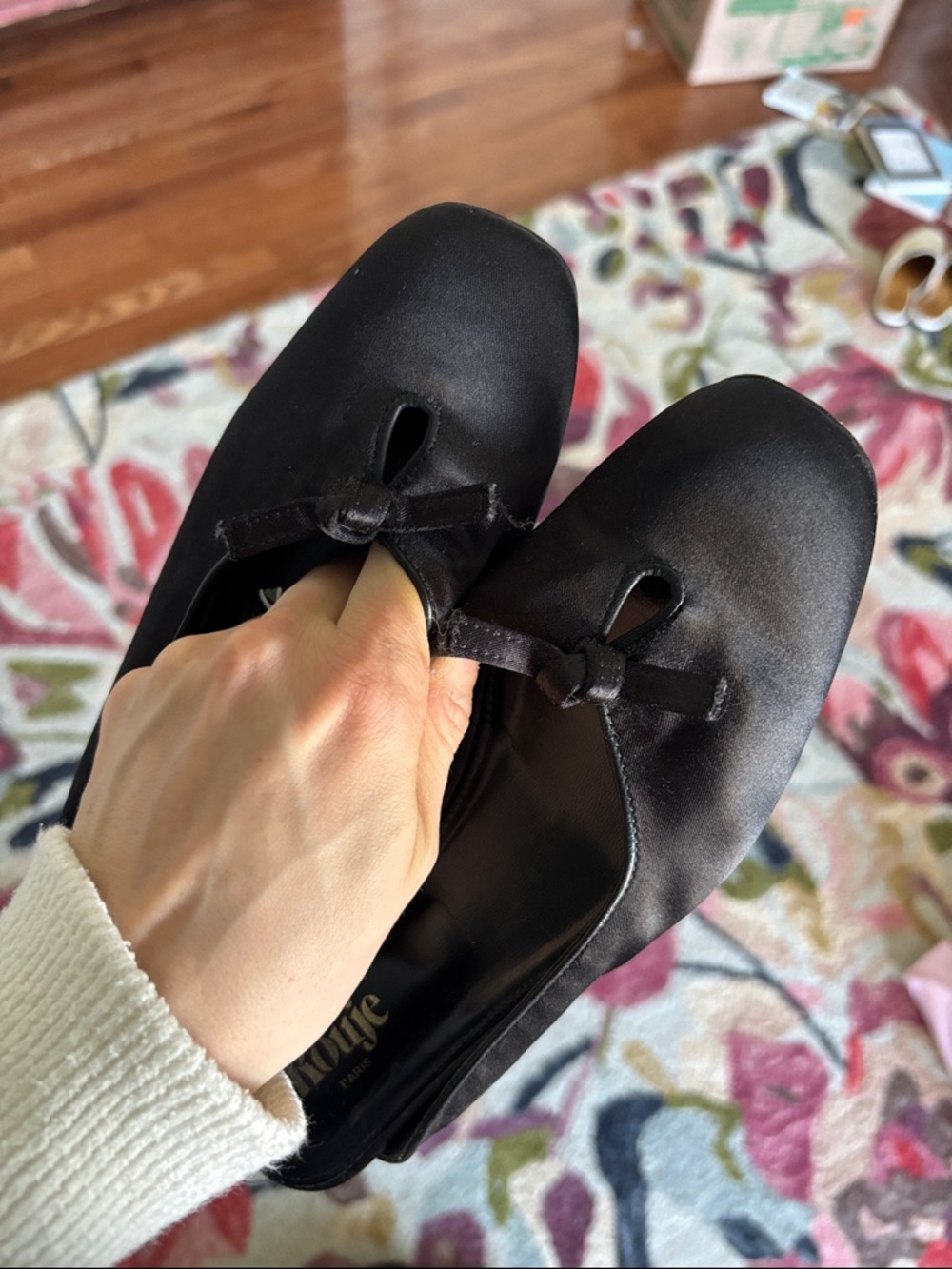 Rouje Black Satin Square-Toe Flats with Bow Accent - Picture 2 of 3